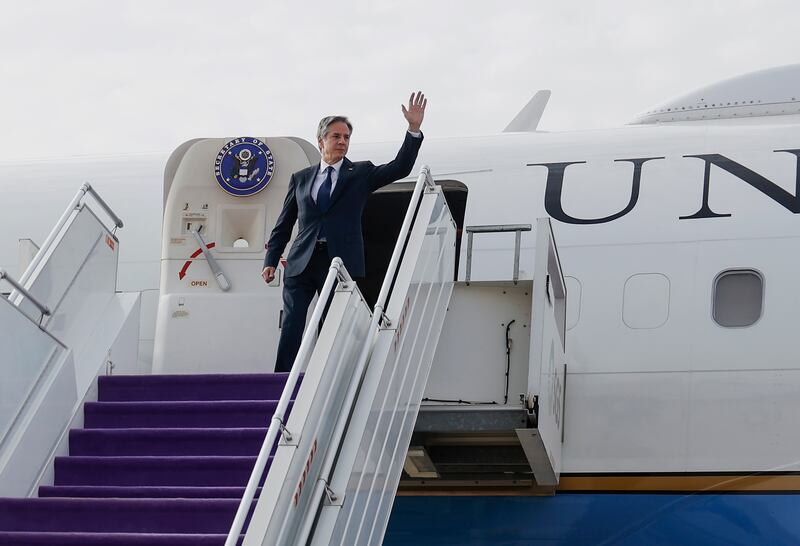 US secretary of state Antony Blinken arriving in Riyadh (Evelyn Hockstein/Pool Photo via AP)