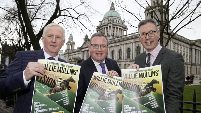 Irish News sports editor Thomas Hawkins (left), Brian Graham (Sean Graham Bookmakers) and Irish News marketing manager John Brolly pictured at the launch of the 2020 Cheltenham Preview night event 