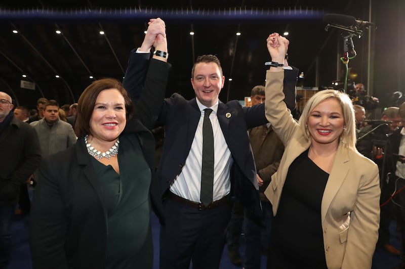 Sinn F&eacute;in's John Finucane celebrates with party leader Mary Lou McDonald (left) and deputy leader Michelle O'Neill after winning in the Belfast North constituency at the Titanic exhibition centre, Belfast, for the 2019 General Election. Picture by Liam McBurney/PA Wire&nbsp;