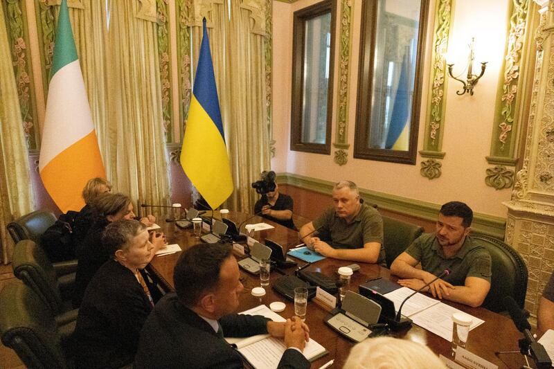 Taoiseach Leo Varadkar, bottom left, and Ukraine’s President Volodymyr Zelensky, right, during a meeting at Horodetskyi House in Kyiv, Ukraine 