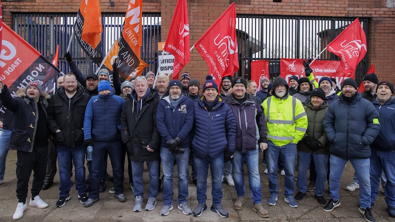 Members of Unite the Union and GMB on a picket line at Translink’s Europa Bus Station in Belfast (Liam McBurney/PA)