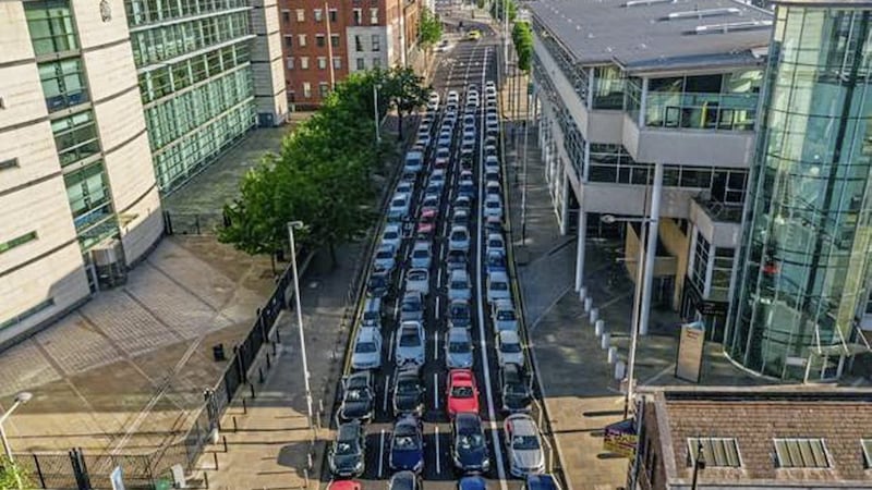 Drone footage captured on Oxford Street, Belfast showing the space required to transport 105 people by car (90 cars in total - during commuter times the average persons per car is 1.2 people).