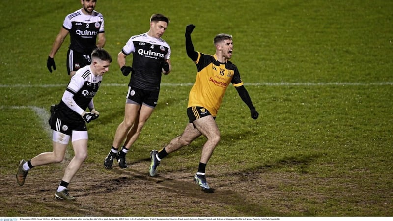 Sean McEvoy celebrates after scoring his side&#39;s first goal during the AIB Ulster GAA Football Senior Club Championship Quarter-Final match between Ramor United and Kilcoo at Kingspan Breffni in Cavan. Photo by Seb Daly/Sportsfile 