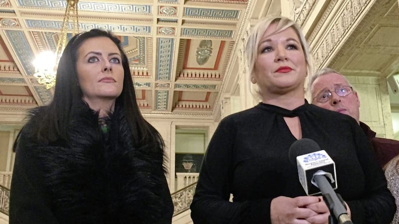 &lsquo;UNACCEPTABLE&rsquo;: Patrice Hardy, left, and Sinn F&eacute;in vice-president Michelle O&rsquo;Neill speak at Stormont yesterday 	      Picture: David Young/PA 
