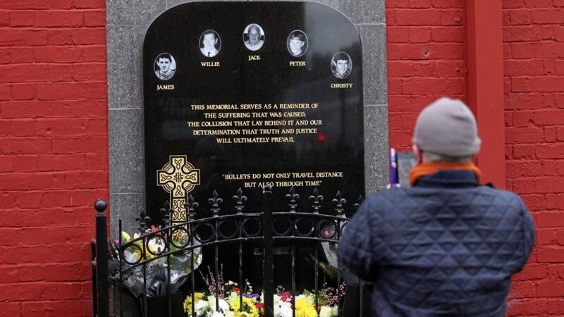 The memorial to the victims of the  loyalist massacre at the Sean Graham&#39;s bookmakers shop on the Ormeau Road. Picture by Mal McCann.. 