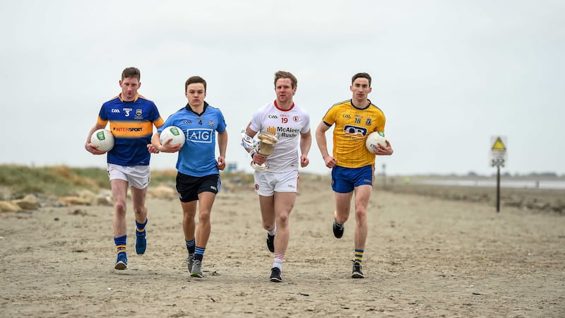 At Wednesday's launch of the EirGrid All-Ireland U21 Football Championship on Dollymount Strand were Tipperary's Jimmy Feehan, Eoin Murchan of Dublin, Tyrone's Frank Burns and Cathal Compton of Roscommon<br />Picture by Sportsfile
