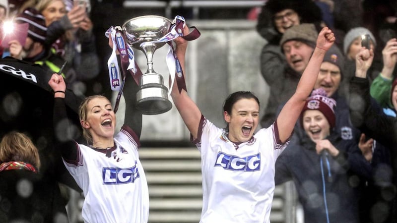 AIB All-Ireland Senior Camogie Club Championship Final, Croke Park, Dublin on Sunday March 3 2019: Slaughtneil v St Martin&#39;s: Slaughtneil &#39;s joint-captains Grainne O&rsquo;Kane and Siobhan Bradley lift the winner&#39;s trophy. Picture by &copy;INPHO/Laszlo Geczo 