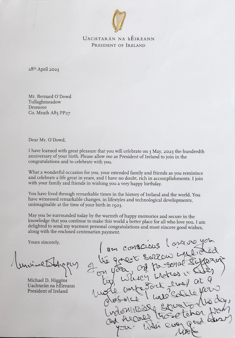 Letter from the President of Ireland Michael D Higgins to Barney O'Dowd. Picture by Hugh Russell