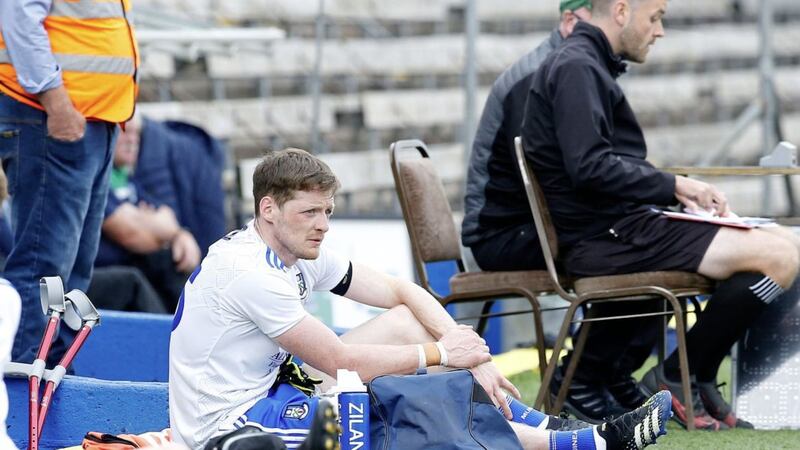 Monaghan&#39;s Conor McManus injured at the sideline near the end of the Ulster SFC Championship quarter-final against Fermanagh at St Tiernach&#39;s Park, Clones. Pic Philip Walsh 