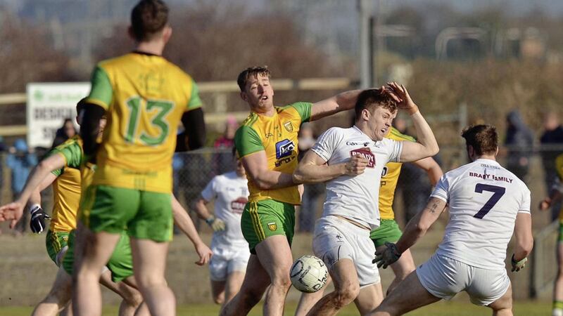 Hugh McFadden of Donegal battles for posession with Kevin Feely of Kildare in Ballyshannon Picture by Michael O Donnell 