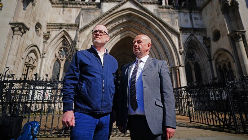Journalists Trevor Birney (left) and Barry McCaffrey (right) outside the Royal Courts of Justice, in London, for an Investigatory Powers Tribunal (IPT) hearing over claims they were secretly monitored by police. Picture date: Tuesday May 7, 2024. Picture by Victoria Jones/PA Wire
