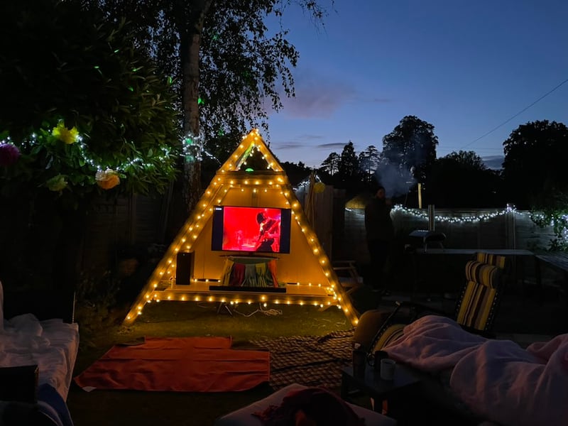 The homemade Pyramid Stage in Felicity Cooney and Freddy Bevan's garden (Felicity Cooney/PA)
