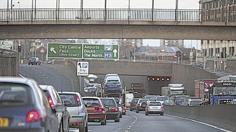 Traffic builds on the Westlink in Belfast during rush hour 