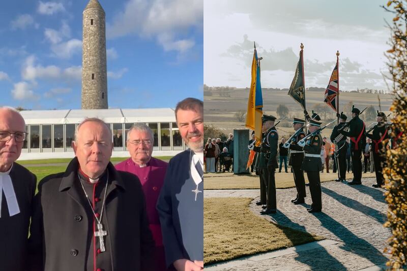Still from the video posted by Archbishop Eamon Martin (left) after the service at the Island of Ireland Peace Park in Messines (right).
