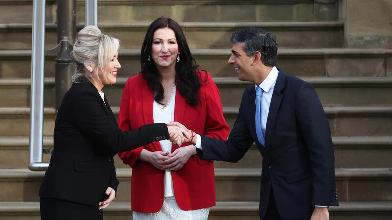 First Minister Michelle O'Neill and Deputy First Minister Emma Little-Pengelly meet with Prime Minister Rishi Sunak at Stormont Castle on Monday.
Picture: COLM LENAGHAN