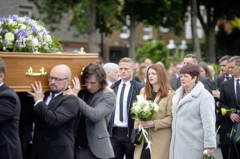 Family and freinds attend the funeral of actress Julie Maxwell. The northern actress had been on the TV show Soft border control.  Picture Mark Marlow. 