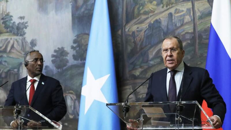 Russian Foreign Minister Sergei Lavrov, right, and Somalia’s Foreign Minister Abshir Omar Jama attend a joint press conference following their talks in Moscow on Friday (Maxim Shipenkov/Pool Photo via AP/PA)