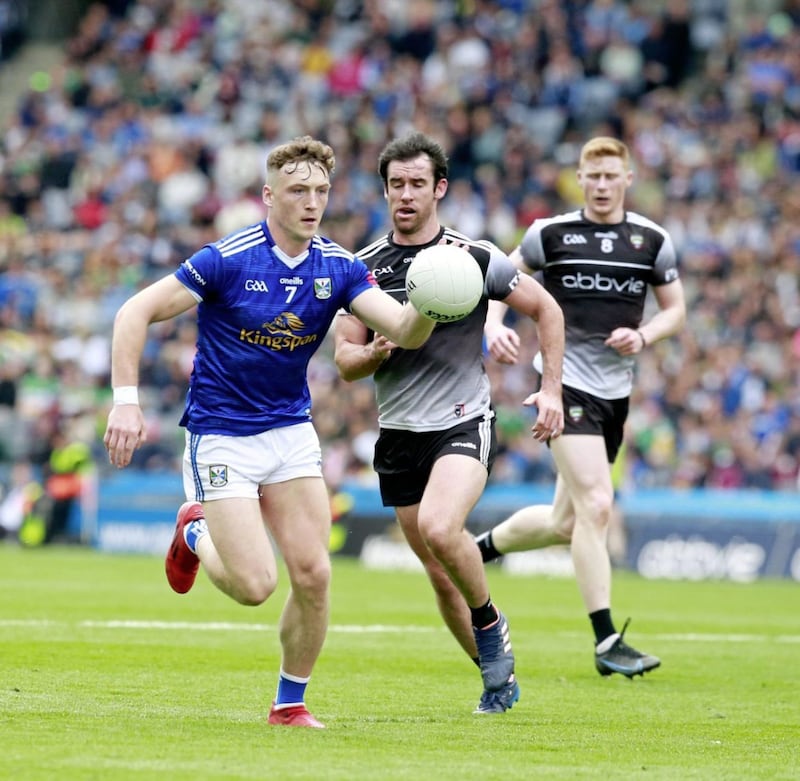 Cavan's Conor Brady and Sligo's Peter Laffey during yesterday's Tailteann Cup semi-final Picture: Philip Walsh
