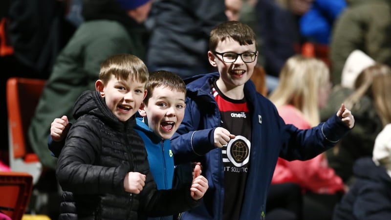 Young Down supporters enjoying the action at Pairc Esler on Saturday night as the Mournemen came back from seven points behind to defeat Westmeath. Picture by Philip Walsh
