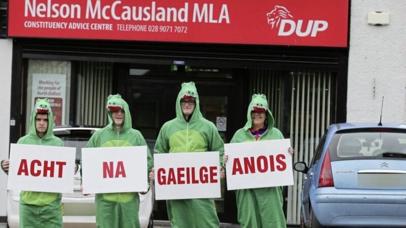 &nbsp;Protesters dress as crocodiles in response to DUP leader Arlene Foster's Irish language act comment