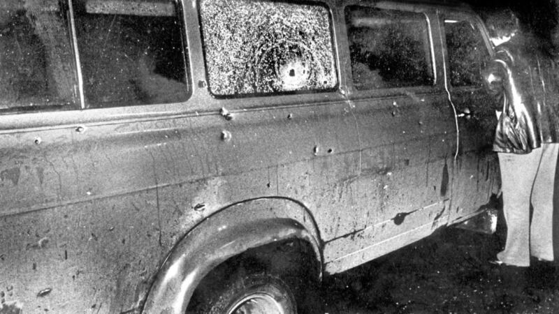 The bullet-riddled minibus at the scene of the Kingsmills massacre. Picture by Alan Lewis/Photopress 