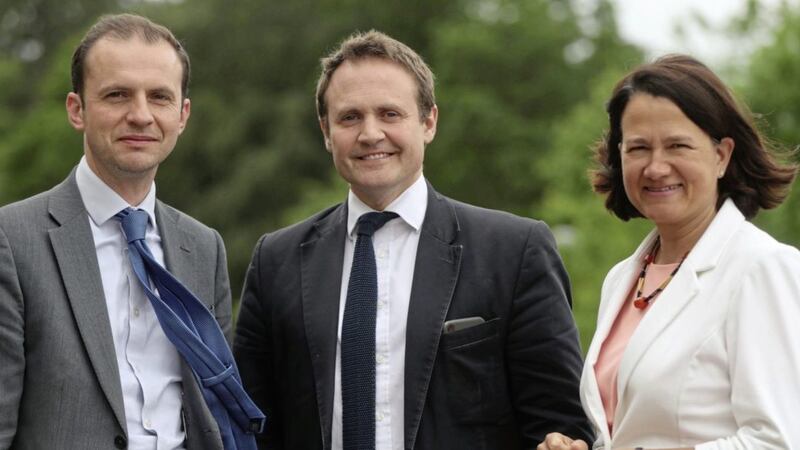 MPs Stephen Gethins, Tom Tugendhat and Catherine West at the Armagh City Hotel Picture by Niall Carson/PA 