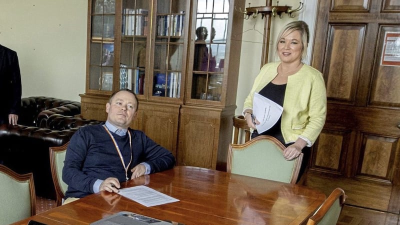 Special adviser John Loughran with Deputy First Minister Michelle O&#39;Neill. Picture by Liam McBurney/PA 