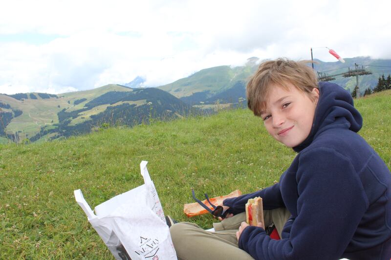 Picnicing at the top of the Rochebrune cable car, Mont Blanc in the distance. (Josie Clarke)