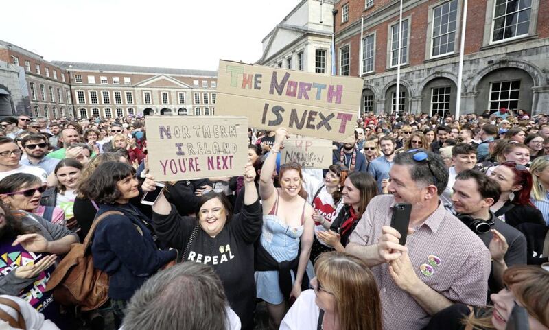 Crowds celebrate at Dublin Castle last weekend after the referendum on the Republic&#39;s Eighth Amendment. Picture by Niall Carson/PA Wire 