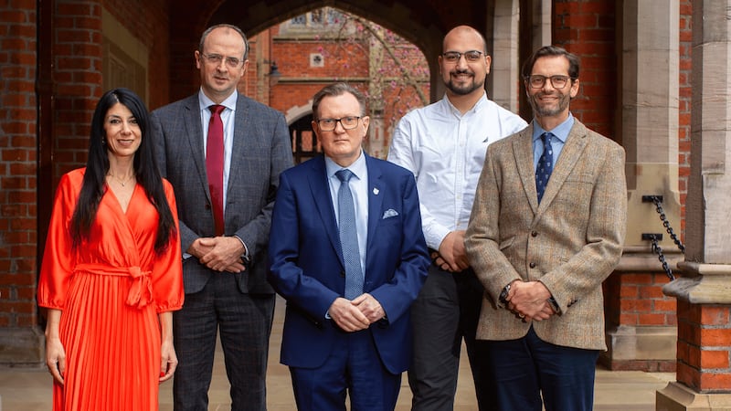 (L-R) Georgina Copty, who set up the Copty Scholarship and sits on Queen’s Foundation Board, with director of alumni engagement and philanthropy at Queen’s Eddie Friel, vice-chancellor Professor Sir Ian Greer, Masters student and Copty Scholarship recipient Bilal Zedan and Chris McDowell