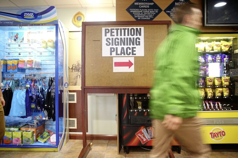 A sign pointing voters to a recall petition at the Joey Dunlop Centre in Ballymoney, Co Antrim. Picture by Mal McCann 