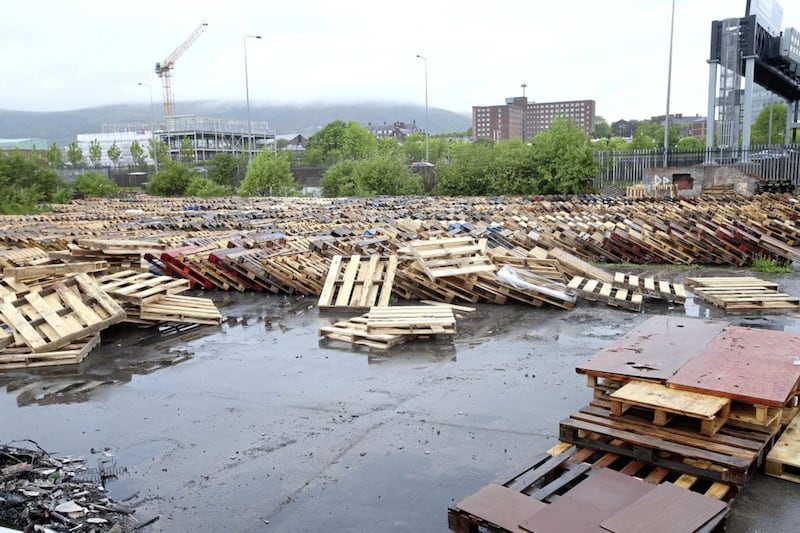 A large number of pallets being collect for a loyalist bonfire near the Donegal Road area Picture Mal McCann. 