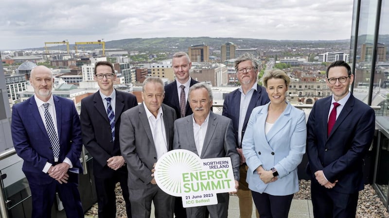 Pictured launching the Northern Ireland summit are (from left) Keith Morrison, project director at Transmission Investment; Alan Campbell, managing director at SONI; Mike Brennan, permanent secretary at the Department for the Economy; Ronan McKeown, customer and market services director at NIE Networks; Trevor Haslett, chairman of CASE; Martin Doherty, centre manager at CASE; Micaela Diver, partner at A&amp;L Goodbody; and Mark Stockdale, partner at A&amp;L Goodbody 