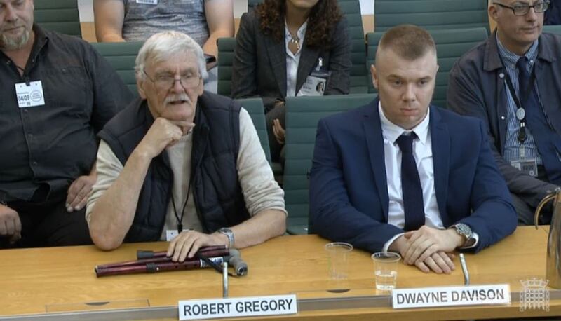 Former Jeremy Kyle Show participants Robert Gregory and Dwayne Davison giving evidence to the committee 