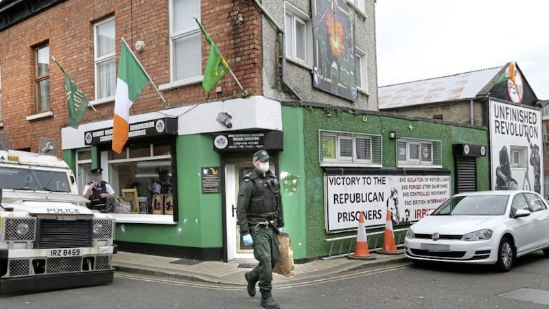 Police pictured earlier this year searching Saoradh's headquarters in Derry following the murder of Lyra McKee. Picture by Margaret McLaughlin