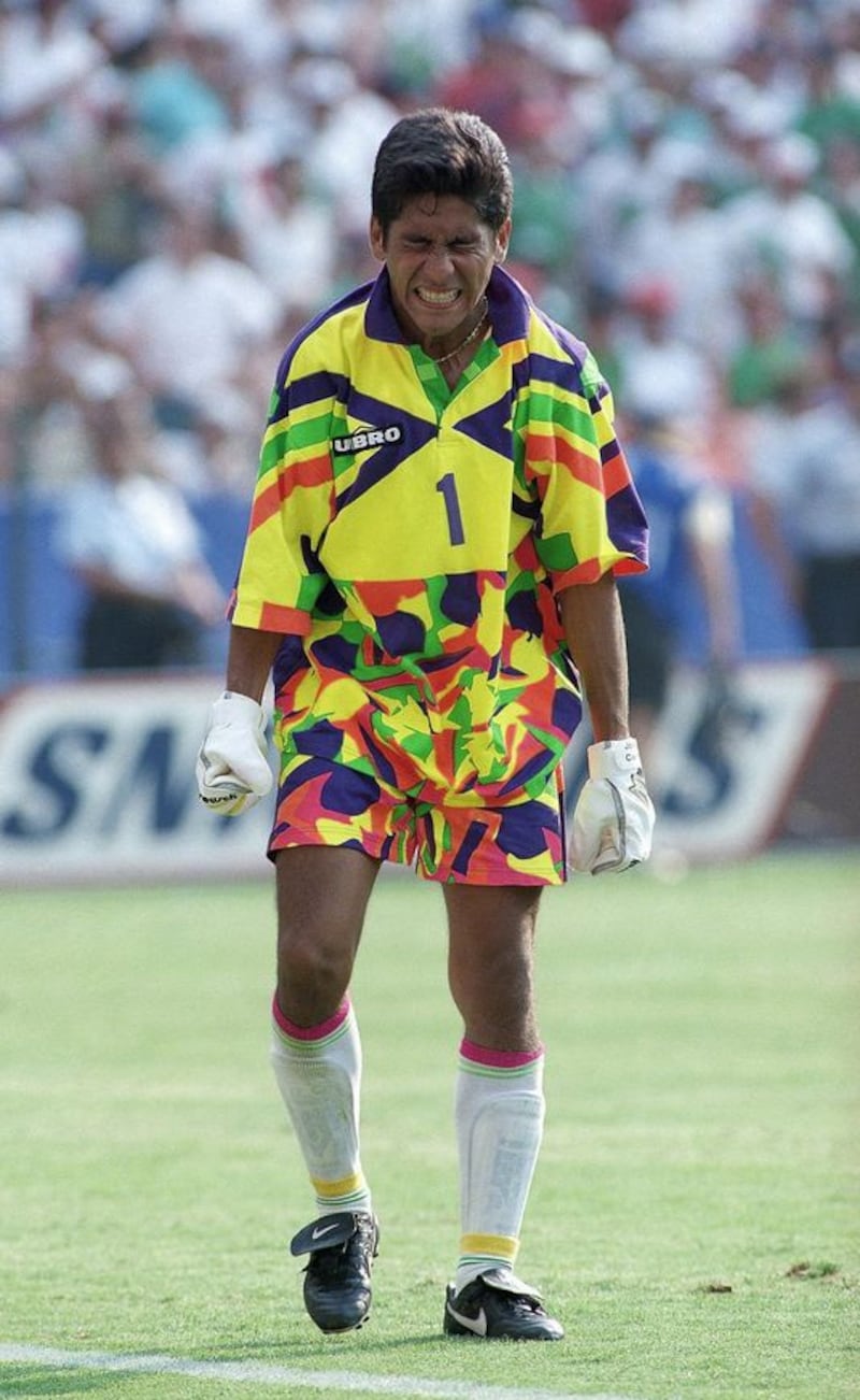 Mexico goalkeeper Jorge Campos reacting after allowing a Norway goal late in the second half during the Group E World Cup first round match between Mexico and Norway at Washington's RFK Stadium in the United Sates on June 19 1994