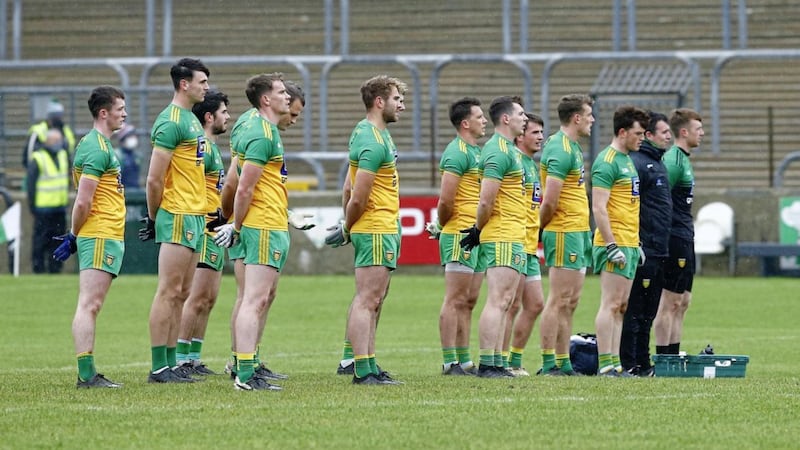 The Donegal players line out ahead of yesterday&#39;s Ulster SFC clash at an empty MacCumhaill Park. Picture by Philip Walsh 