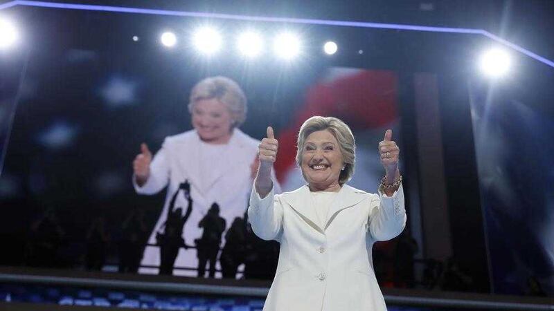 Democratic presidential nominee Hillary Clinton gives the thumbs up as she appears on stage during the final day of the Democratic National Convention in Philadelphia. Picture by Carolyn Kaster, Associated Press 